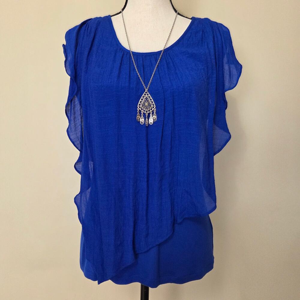 NWT Apt 9 PM Blue Pullover Layered Chiffon Split Flutter Sleeve Top & Necklace